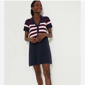TUCKERNUCK Wright Polo Dress Navy White Red Stripe Vneck Short Sleeve Sz M NEW